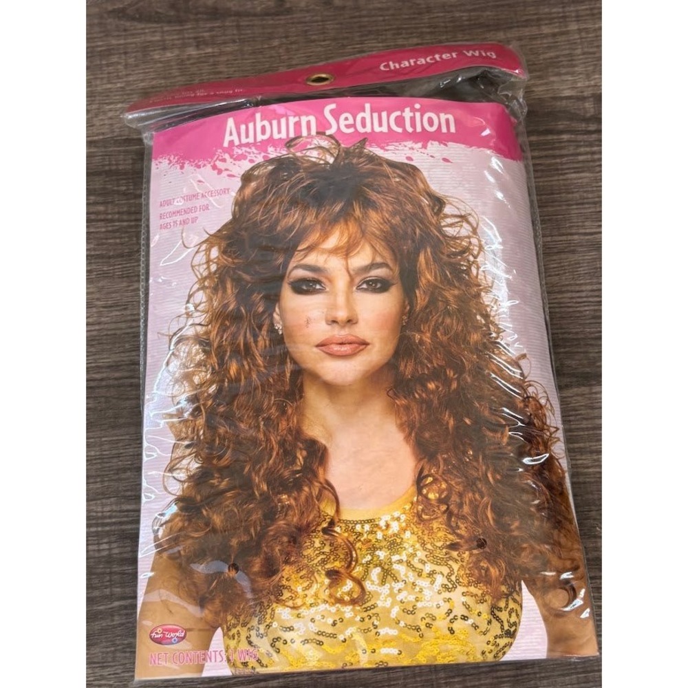 Fun World Auburn Seduction Wig Long Curly Brown 80s Glam Costume Accessory